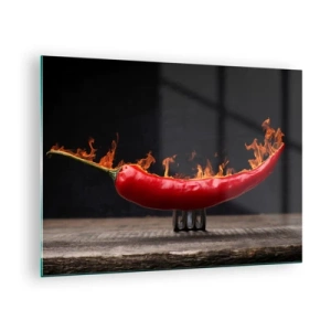 Obraz na skle - Horiaca červená chilli paprička na čiernom pozadí - 70x50cm - Ohnivé predjedlo - Moderná nástenná dekorácia do obývacej izby a spálne ARTTOR