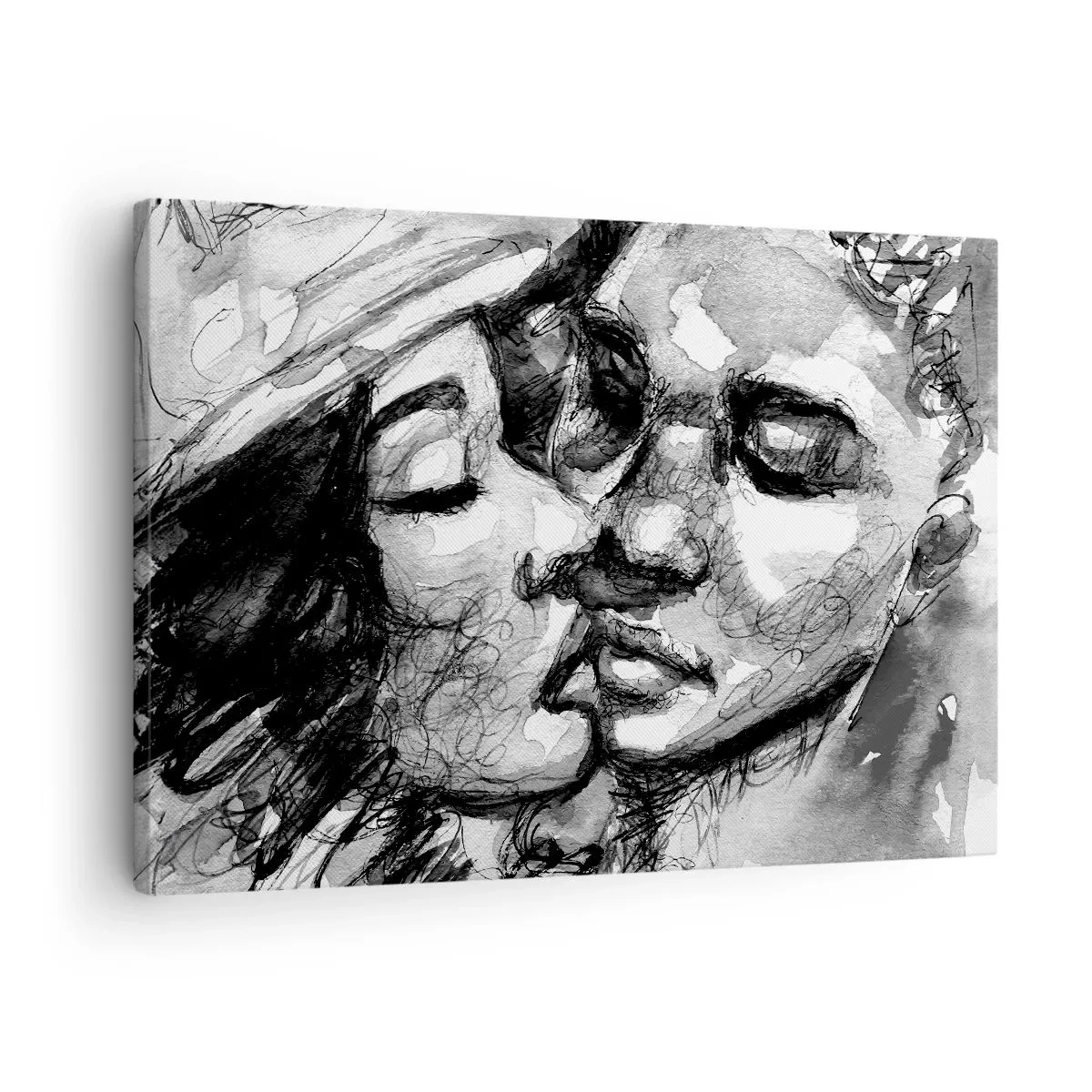 Obraz na plátne - Čiernobiely akvarel zobrazujúci intímny okamih medzi dvoma ľuďmi. - 70x50cm - Nežný okamih - Moderná nástenná dekorácia do obývacej izby a spálne ARTTOR