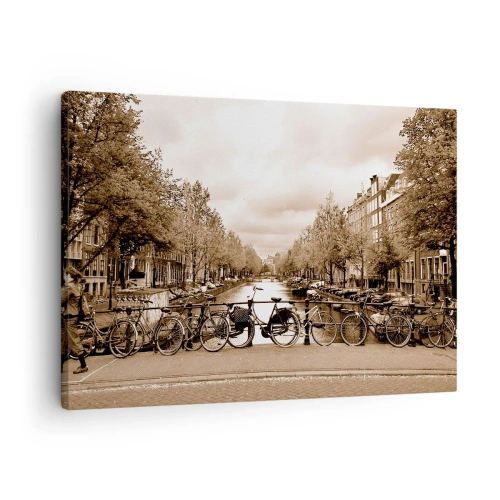 Obraz na plátne - Cyklistický most cez kanál v sépiovej farbe - 70x50cm - Holandská atmosféra - Moderná nástenná dekorácia do obývacej izby a spálne ARTTOR