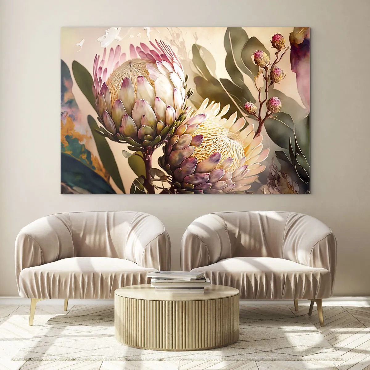 Obraz na skle - Kvety protey v teplých tónoch a jemnom svetle - 70x50cm - Nežne objaté - Moderná nástenná dekorácia do obývacej izby a spálne ARTTOR