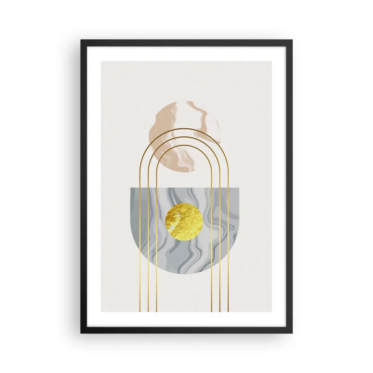 Plagát v čiernom ráme - Geometrické vzory so zlatými prvkami na svetlom pozadí - 50x70cm - Jas a žiarivosť - Moderná nástenná dekorácia do obývacej izby a spálne ARTTOR
