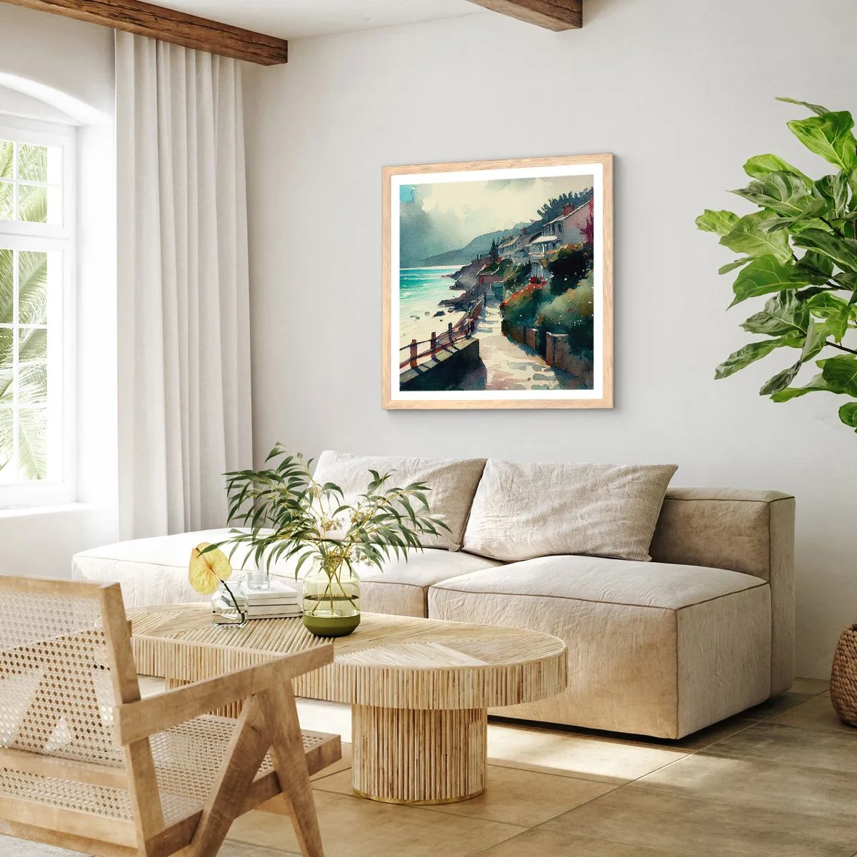 Plagát v ráme zo svetlého duba - Stredomorské mestečko - 60x60 cm