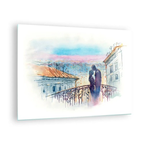 Obraz na skle - Pár na balkóne si užíva romantický západ slnka - 70x50cm - Parížski milenci - Moderná nástenná dekorácia do obývacej izby a spálne ARTTOR