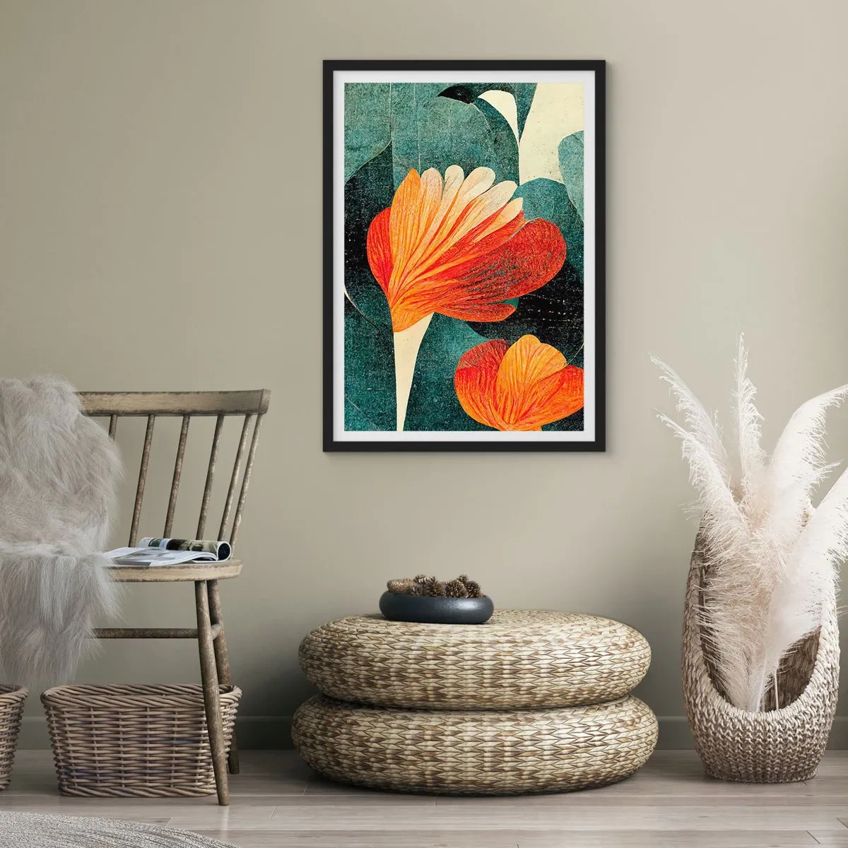 Plagát v čiernom ráme - Abstraktné kvety v odtieňoch oranžovej a zelenej - 50x70cm - Tropické horúco a chlad zelene - Moderná nástenná dekorácia do obývacej izby a spálne ARTTOR