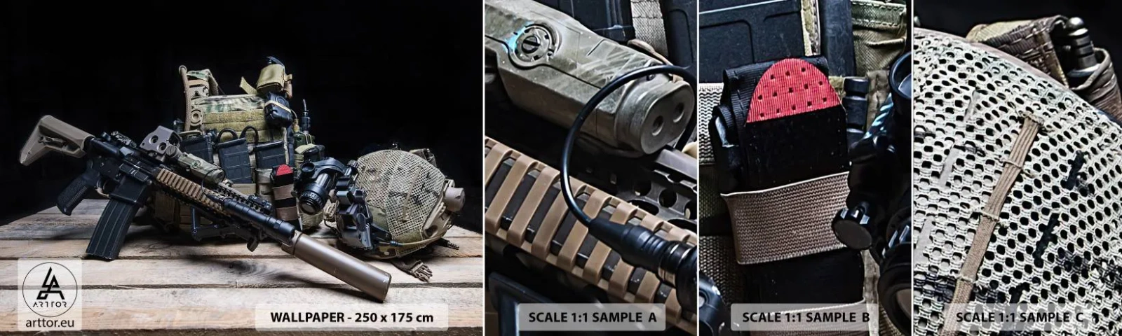 Vzorka samolepiacej fototapety Deluxe Sticker - Pohov! - Vojenské, Puška, Zbraň - 100x30 cm