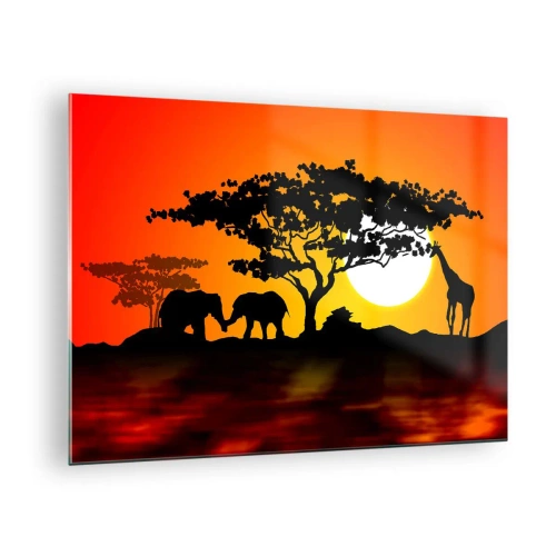 Obraz na skle - Africká krajina so stromami a zvieratami pri západe slnka - 70x50cm - Stretnutie na savane - Moderná nástenná dekorácia do obývacej izby a spálne ARTTOR