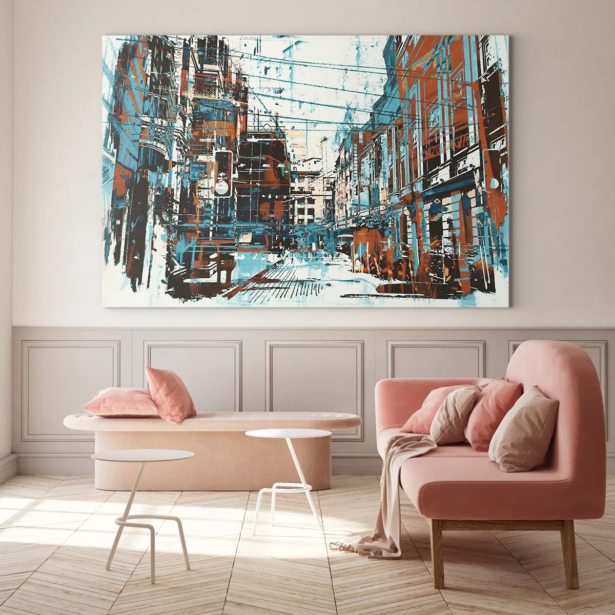 Obraz na skle - Malebná mestská ulica v umeleckom, opotrebovanom štýle - 70x50cm - Zdolaný mestský chodník - Moderná nástenná dekorácia do obývacej izby a spálne ARTTOR