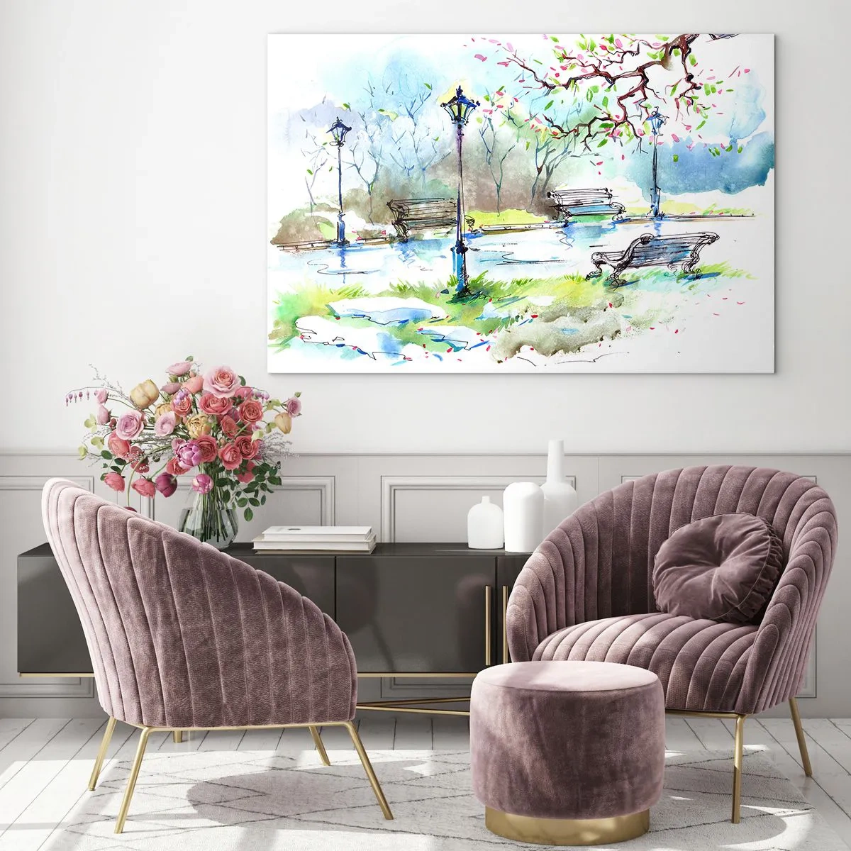Obraz na skle - Akvarelová maľba parkovej scény s lavičkami a lampášmi - 70x50cm - Kúzlo parkového ticha - Moderná nástenná dekorácia do obývacej izby a spálne ARTTOR