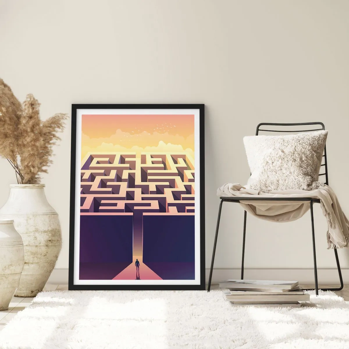 Plagát v čiernom ráme - Symbolický labyrint v zlatom svetle - 50x70cm - Čas rozhodnutí - Moderná nástenná dekorácia do obývacej izby a spálne ARTTOR