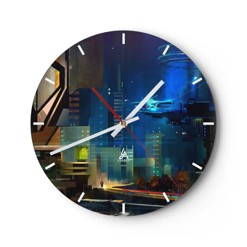 Nástenné hodiny - Futuristické mesto v noci s neónovými svetlami a vozidlami - 30x30cm - V blízkej budúcnosti - Moderná nástenná dekorácia do obývacej izby, kuchyne a spálne ARTTOR
