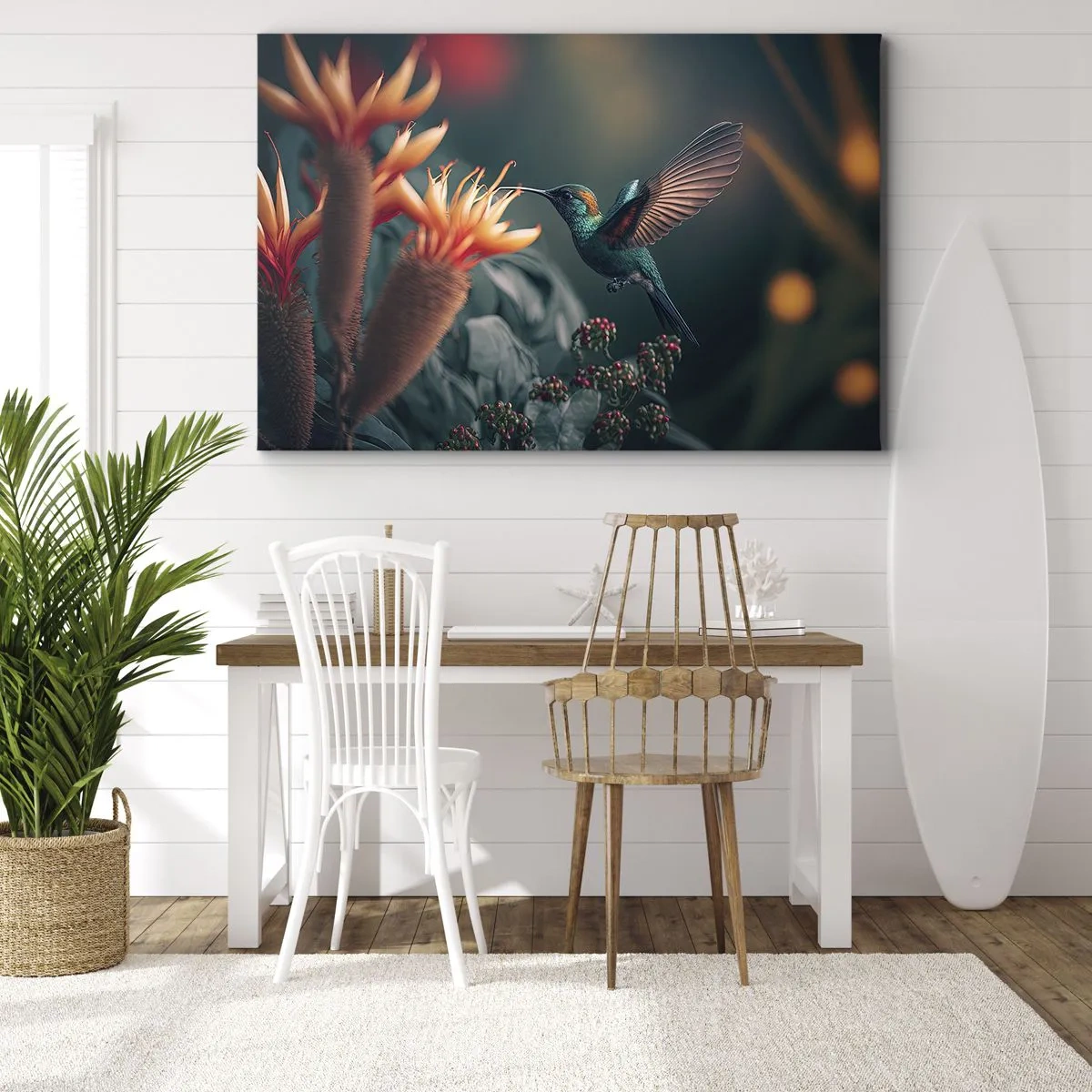 Obraz na plátne - Farebný kolibrík pri kvetoch na prirodzenom pozadí - 70x50cm - Skutočne pestrý život - Moderná nástenná dekorácia do obývacej izby a spálne ARTTOR