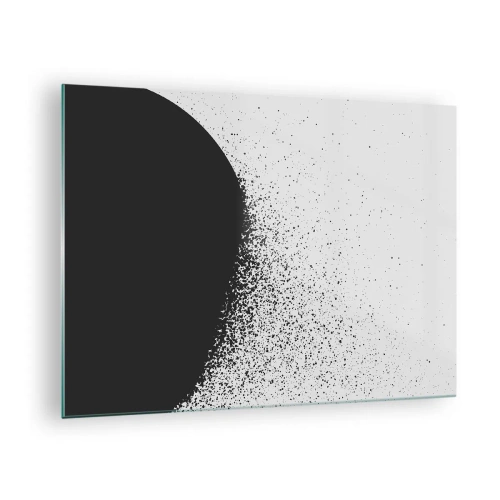 Obraz na skle - Abstrakcia rozpadajúcej sa čiernej hmoty na bielom pozadí - 70x50cm - Pohyb častíc - Moderná nástenná dekorácia do obývacej izby a spálne ARTTOR
