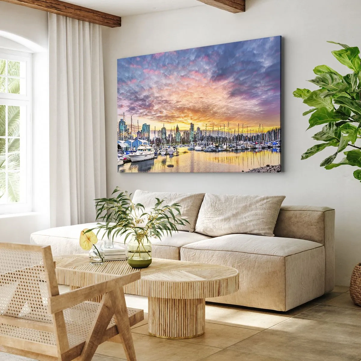 Obraz na plátne - Prístav s jachtami a panoráma mesta pri západe slnka - 70x50cm - Mesto tisíca námorníkov - Moderná nástenná dekorácia do obývacej izby a spálne ARTTOR