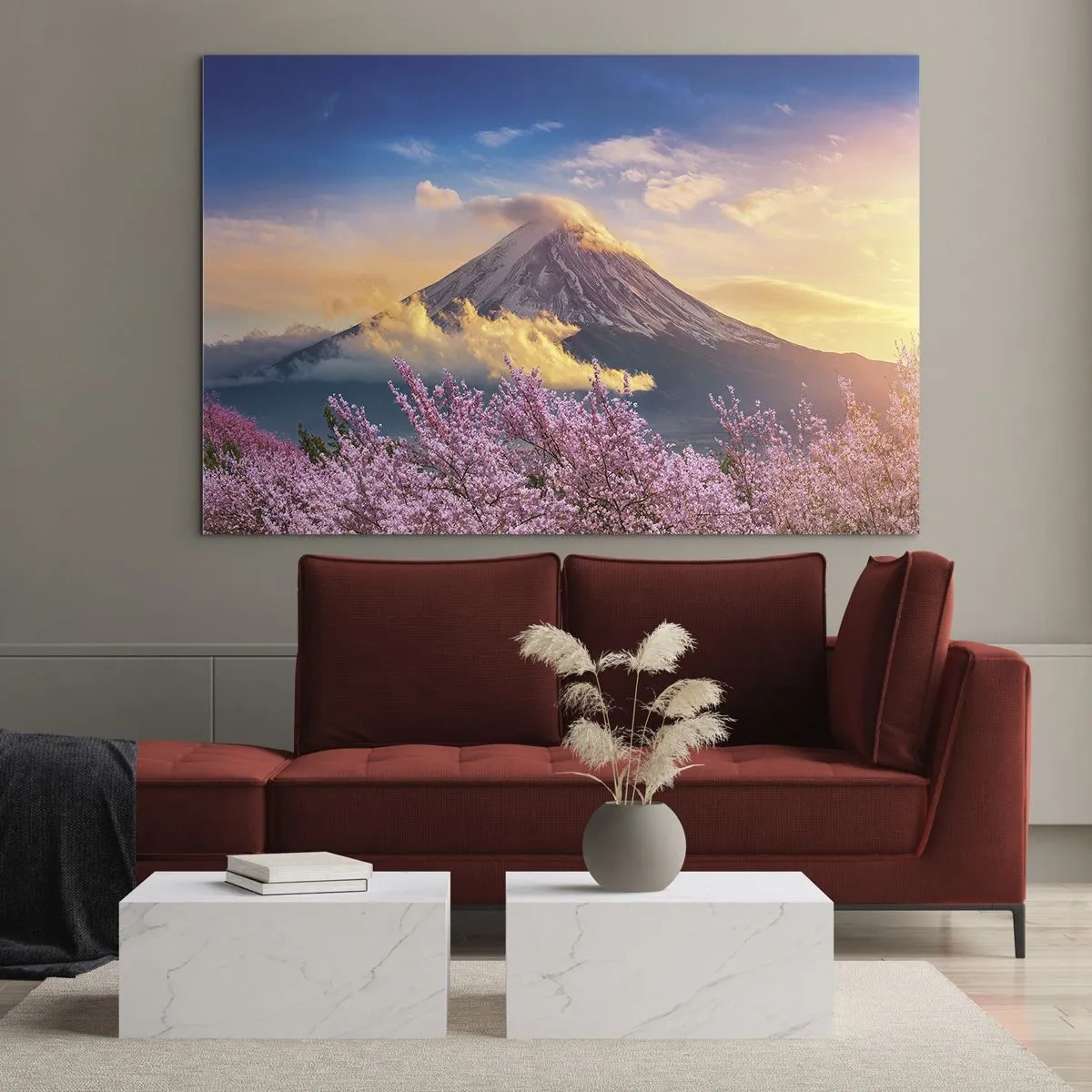 Obraz na skle - Hora Fudži v pozadí s kvitnúcimi sakurami v popredí - 70x50cm - Japonská sviatosť - Moderná nástenná dekorácia do obývacej izby a spálne ARTTOR