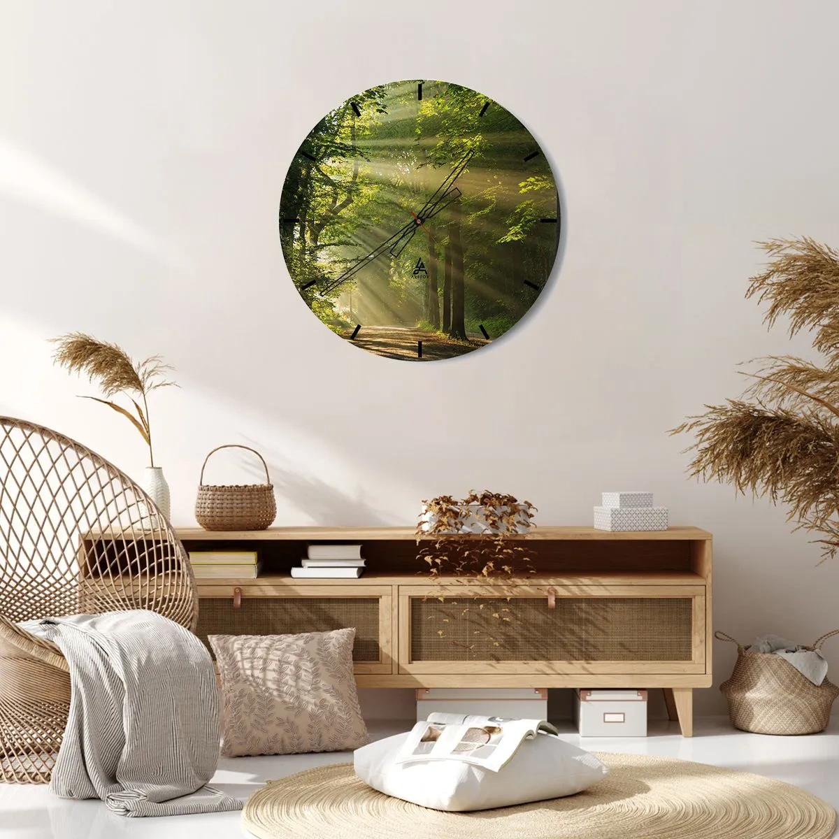 Nástenné hodiny - Lesný chodník v lúčoch ranného slnka - 30x30cm - Lesný okamih - Moderná nástenná dekorácia do obývacej izby, kuchyne a spálne ARTTOR