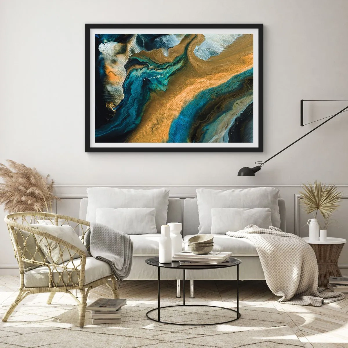 Plagát v čiernom ráme - Modrá – žltá – vzájomné vplyvy - 40x30 cm