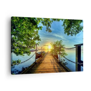 Obraz na plátne - Mólo nad jazerom v lúčoch západu slnka - 70x50cm - Západ pri vode - Moderná nástenná dekorácia do obývacej izby a spálne ARTTOR