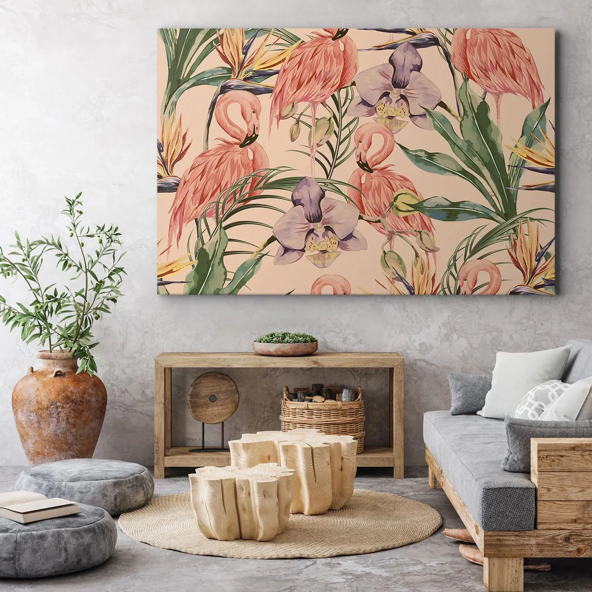 Obraz na plátne - Plameniaky a tropické kvety na svetlom pozadí - 70x50cm - Ružový balet v kvetoch - Moderná nástenná dekorácia do obývacej izby a spálne ARTTOR