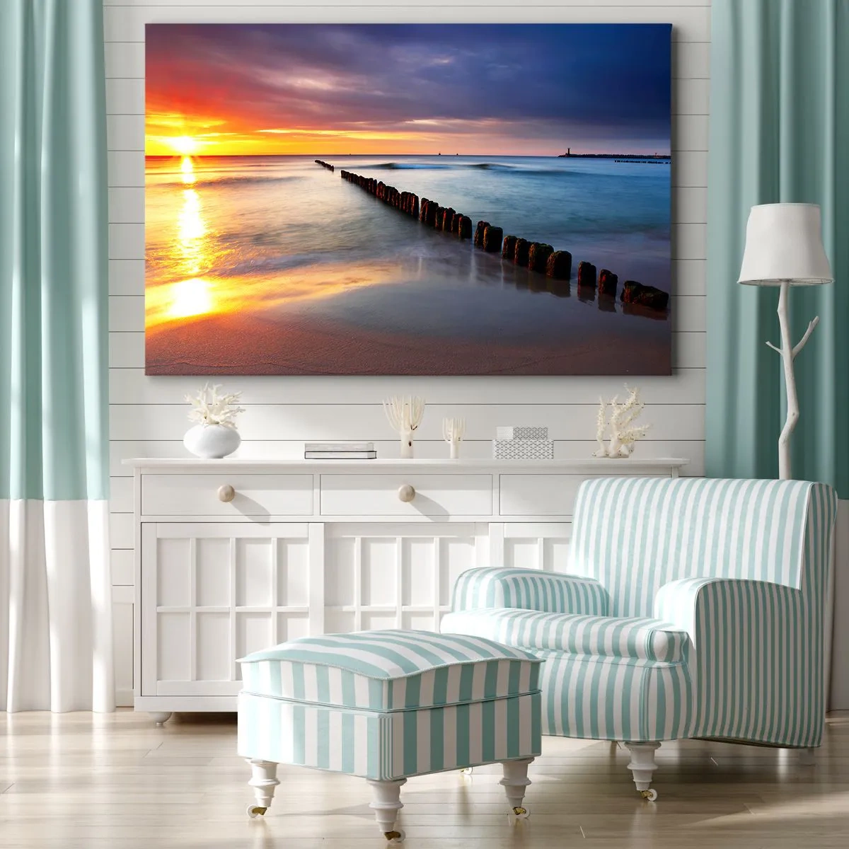 Obraz na plátne - Západ slnka nad morom s vlnolamom v popredí - 70x50cm - Počúvaj ticho - Moderná nástenná dekorácia do obývacej izby a spálne ARTTOR