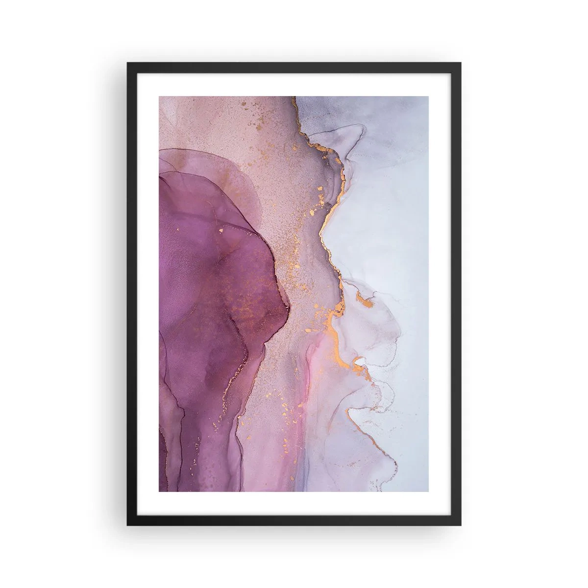 Plagát v čiernom ráme - Abstraktné vlny v odtieňoch lila a fialovej so zlatými akcentmi - 50x70cm - Fialové a ľalové vlny - Moderná nástenná dekorácia do obývacej izby a spálne ARTTOR