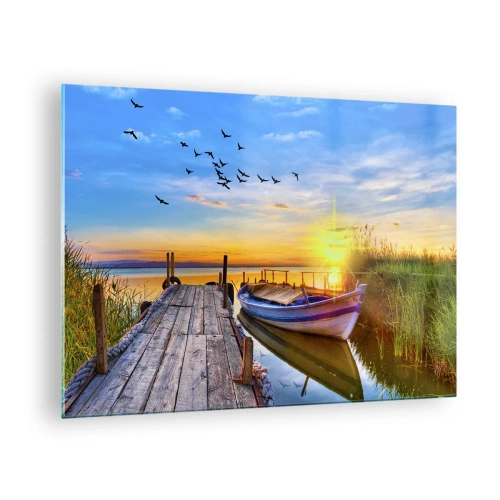 Obraz na skle - Drevené mólo nad jazerom s loďkou pri východe slnka - 70x50cm - Dovidenia, do zajtrajška - Moderná nástenná dekorácia do obývacej izby a spálne ARTTOR