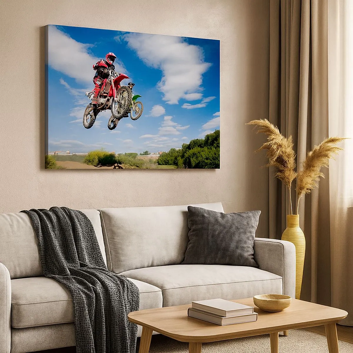 Obraz na plátne - Jazdci na motokrosových motorkách vo vzduchu počas skoku - 70x50cm - Skok z oblakov - Moderná nástenná dekorácia do obývacej izby a spálne ARTTOR
