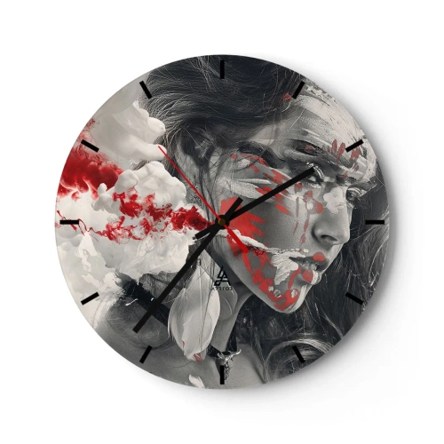 Nástenné hodiny - Ženská tvár s abstraktnými červenými a bielymi akcentmi - 30x30cm - V škárach absurdity - Moderná nástenná dekorácia do obývacej izby, kuchyne a spálne ARTTOR