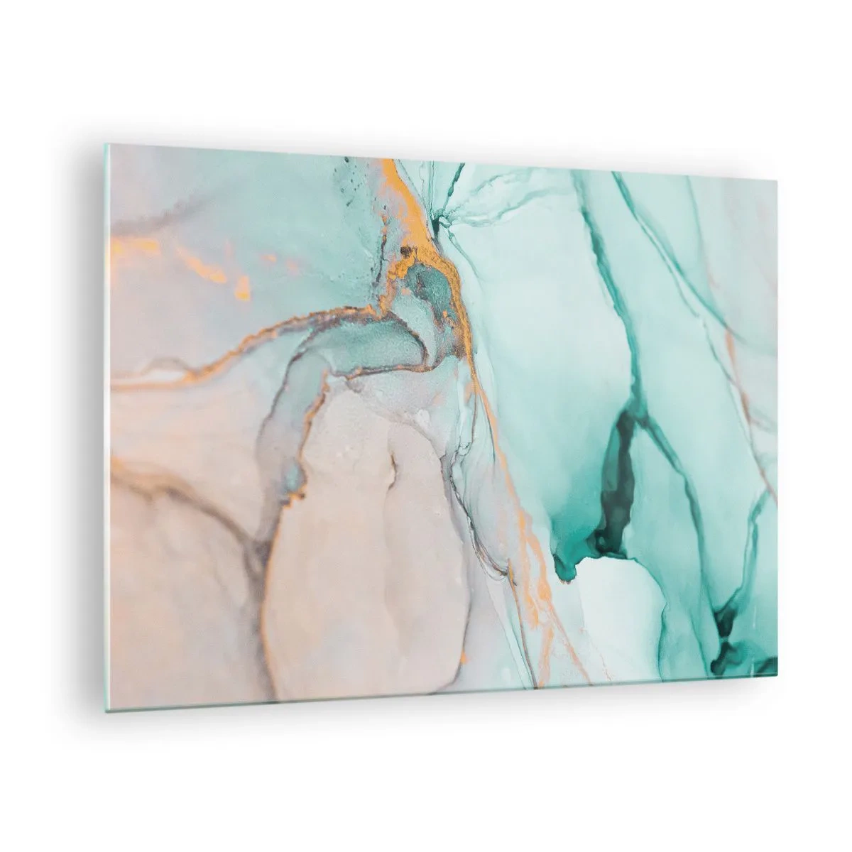 Obraz na skle - Abstraktná kompozícia v odtieňoch tyrkysovej a zlatej. - 70x50cm - Tanec tvarov a farieb - Moderná nástenná dekorácia do obývacej izby a spálne ARTTOR