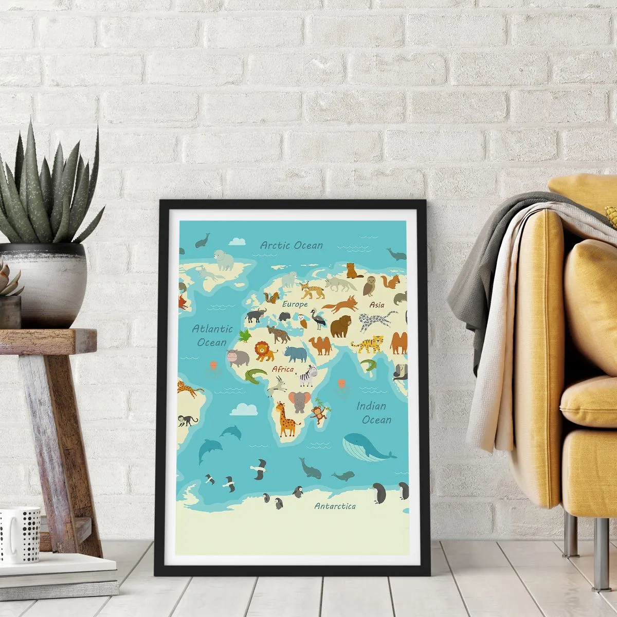 Plagát v čiernom ráme - Mapa sveta s ilustráciami zvierat v rôznych regiónoch - 50x70cm - Dobrí susedia - Moderná nástenná dekorácia do obývacej izby a spálne ARTTOR