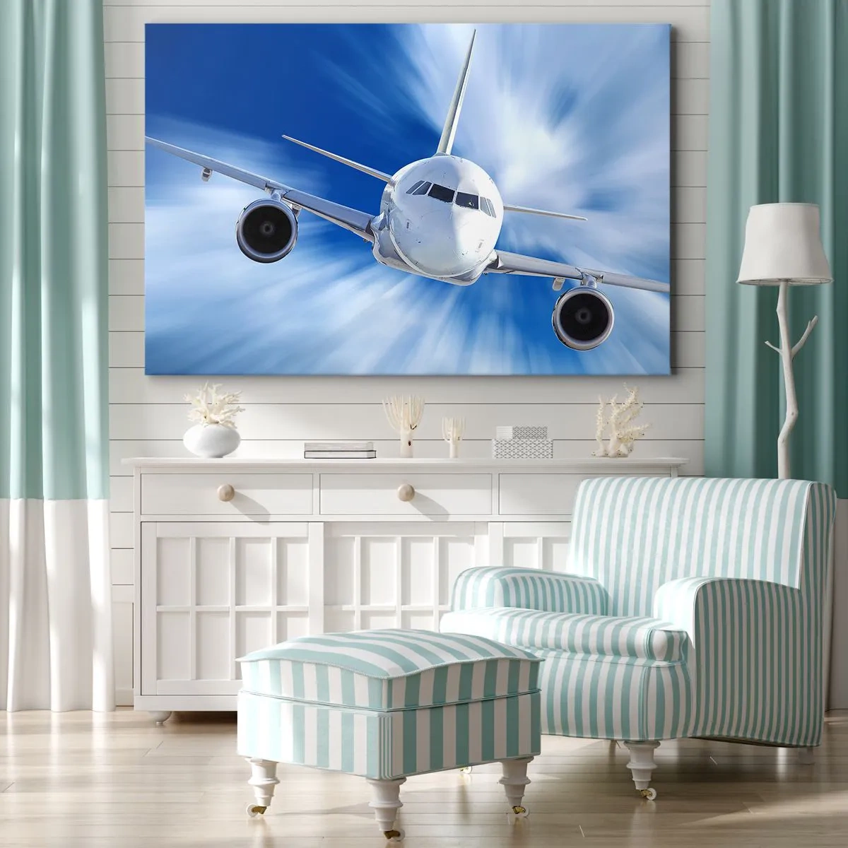 Obraz na plátne - Osobné lietadlo v pohybe proti oblohe - 70x50cm - Rýchlejší ako vietor na oblohe - Moderná nástenná dekorácia do obývacej izby a spálne ARTTOR