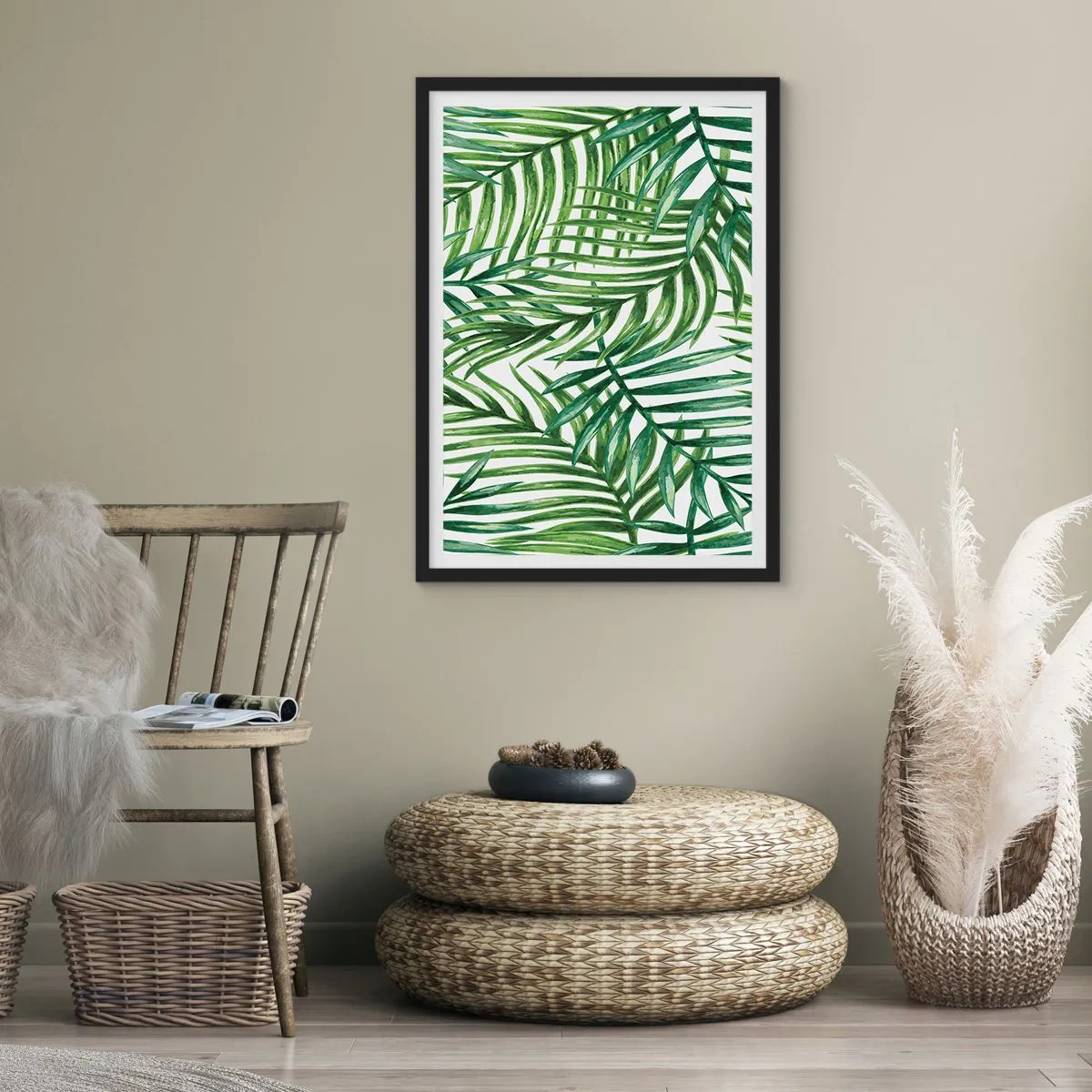 Plagát v čiernom ráme - Palmy v minimalistickom botanickom vzore - 50x70cm - Pod zeleným baldachýnom - Moderná nástenná dekorácia do obývacej izby a spálne ARTTOR