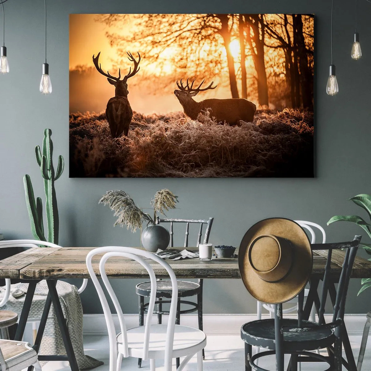 Obraz na plátne - Dva jelene pri západe slnka v zimnej krajine - 70x50cm - Sen poľovníka - Moderná nástenná dekorácia do obývacej izby a spálne ARTTOR