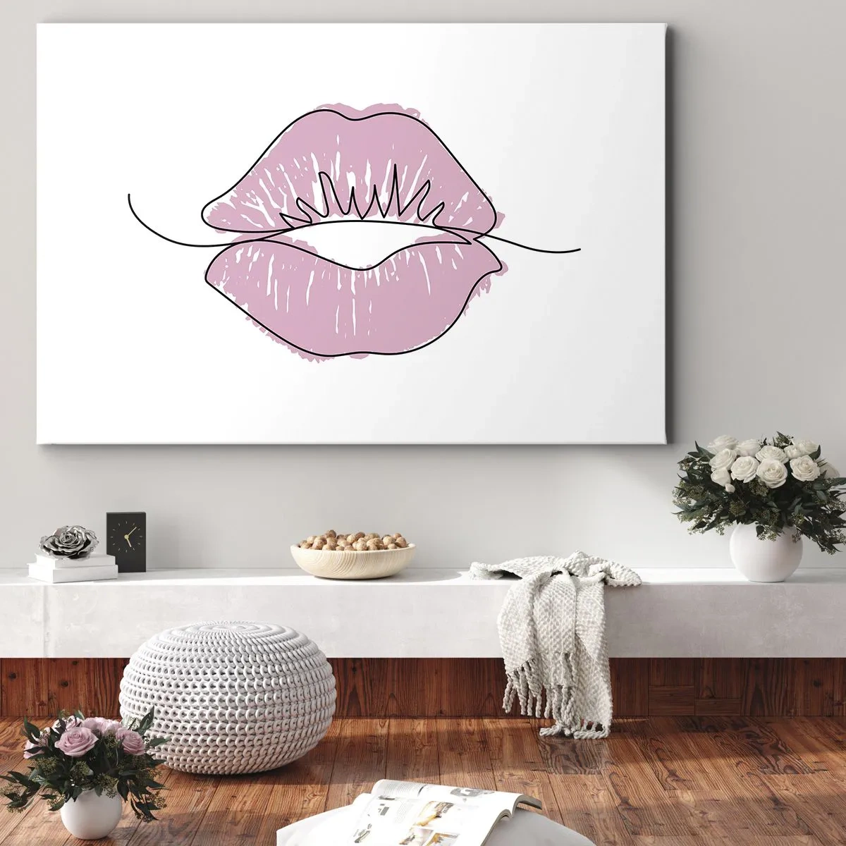 Obraz na plátne - Minimalistická kresba pier v ružovom odtieni - 70x50cm - Si pripravený na bozk? - Moderná nástenná dekorácia do obývacej izby a spálne ARTTOR