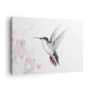Obraz na plátne - Kolibrík v jemných pastelových farbách na pozadí kvetov - 70x50cm - Mávanie - Moderná nástenná dekorácia do obývacej izby a spálne ARTTOR
