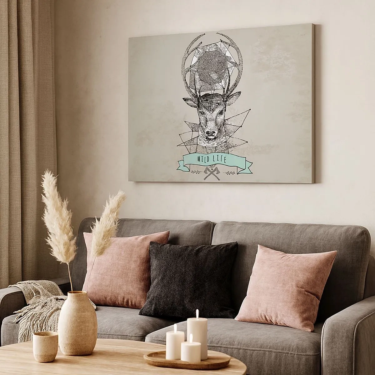 Obraz na plátne - Geometria jeleňa vo vintage štýle s nápisom Wild Life - 70x50cm - Videnie sv. Huberta - Moderná nástenná dekorácia do obývacej izby a spálne ARTTOR