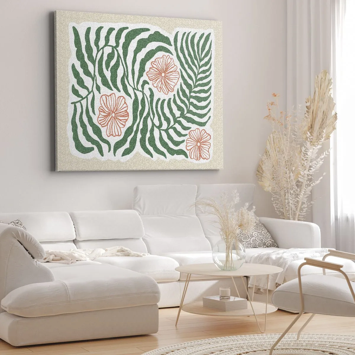 Obraz na plátne - Minimalistický motív zelených listov s kvetmi v odtieňoch oranžovej. - 70x50cm - Rozkvitnuté v zeleni - Moderná nástenná dekorácia do obývacej izby a spálne ARTTOR