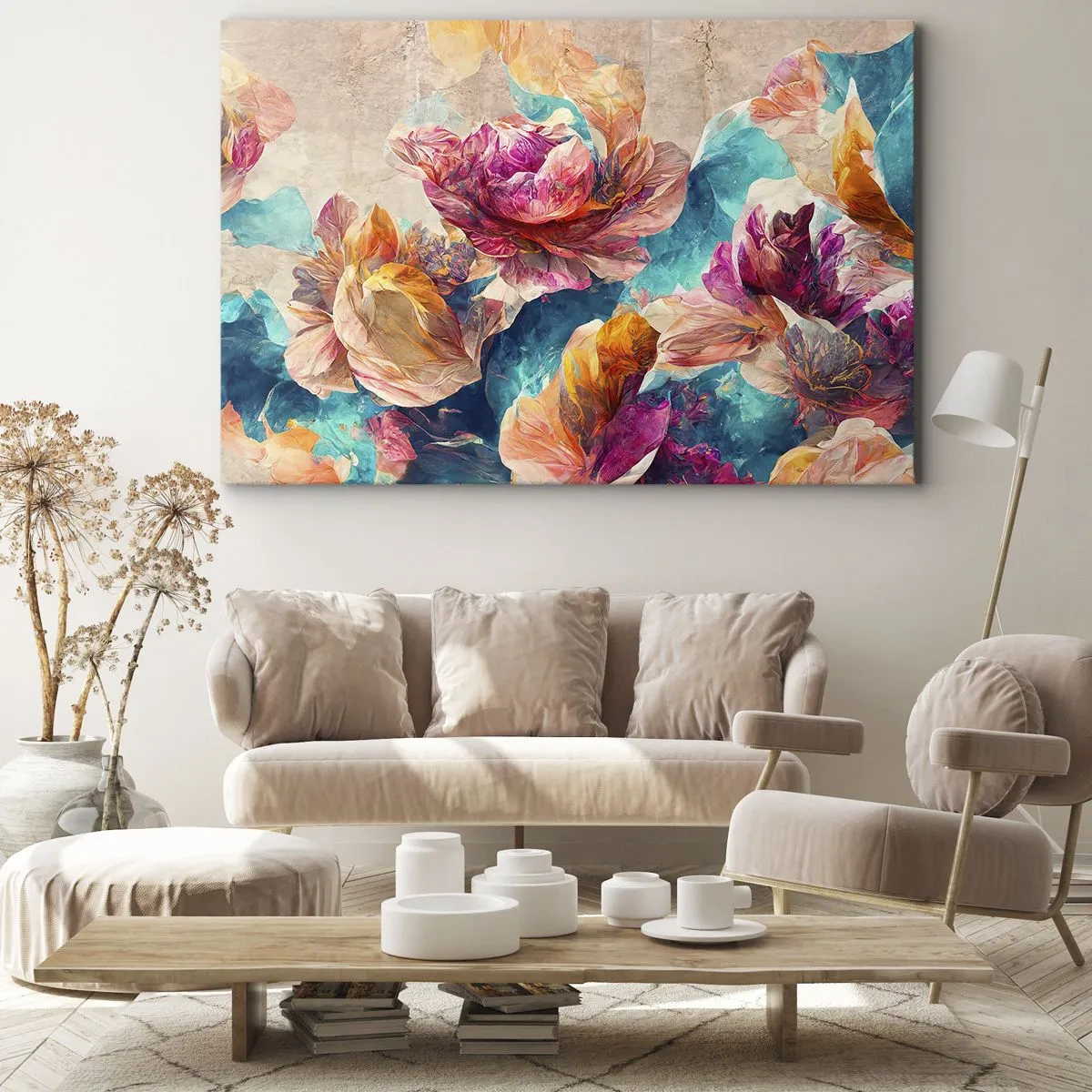 Obraz na plátne - Farebné kvety na béžovom pozadí - 70x50cm - Farebné bohatstvo kytice - Moderná nástenná dekorácia do obývacej izby a spálne ARTTOR