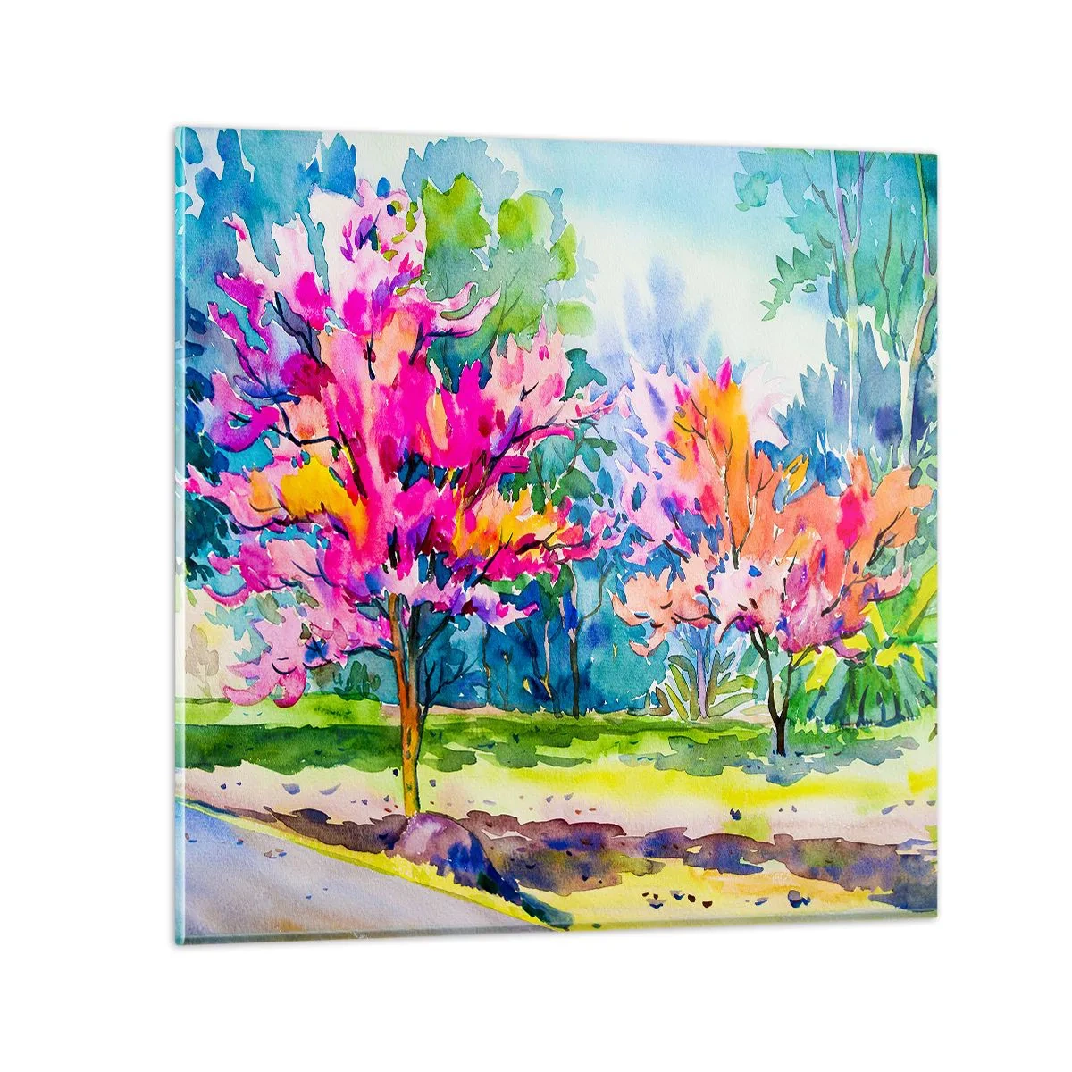 Obraz na skle - Dúhová záhrada v jarnom lesku - 30x30 cm