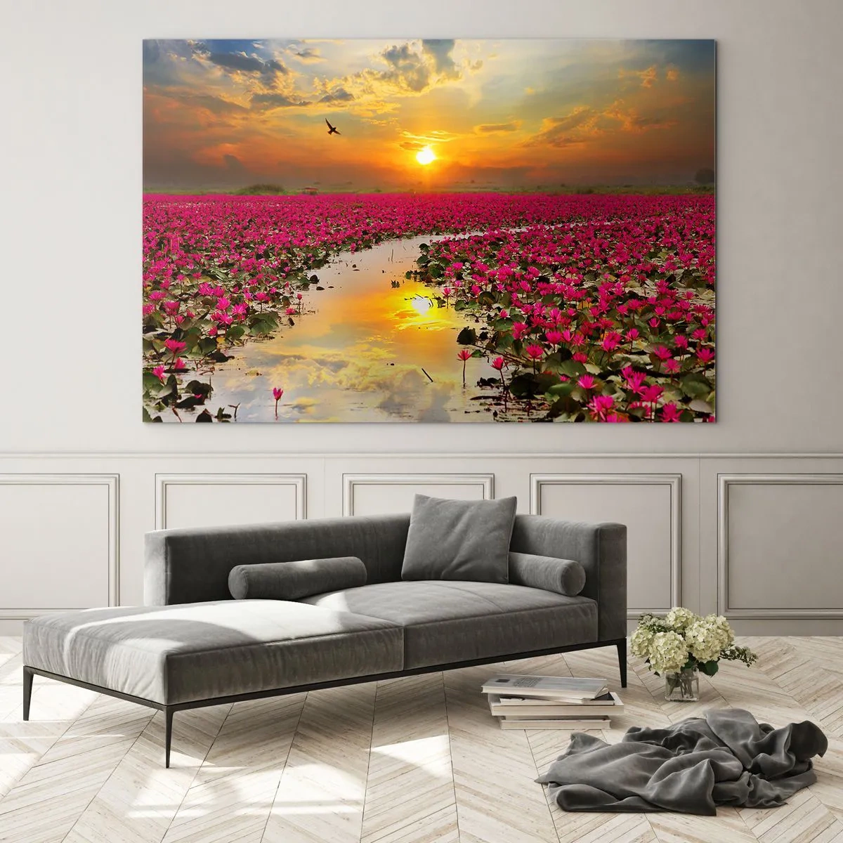 Obraz na skle - Ružové lekná na jazere pri západe slnka - 70x50cm - Tajomný život jazera - Moderná nástenná dekorácia do obývacej izby a spálne ARTTOR