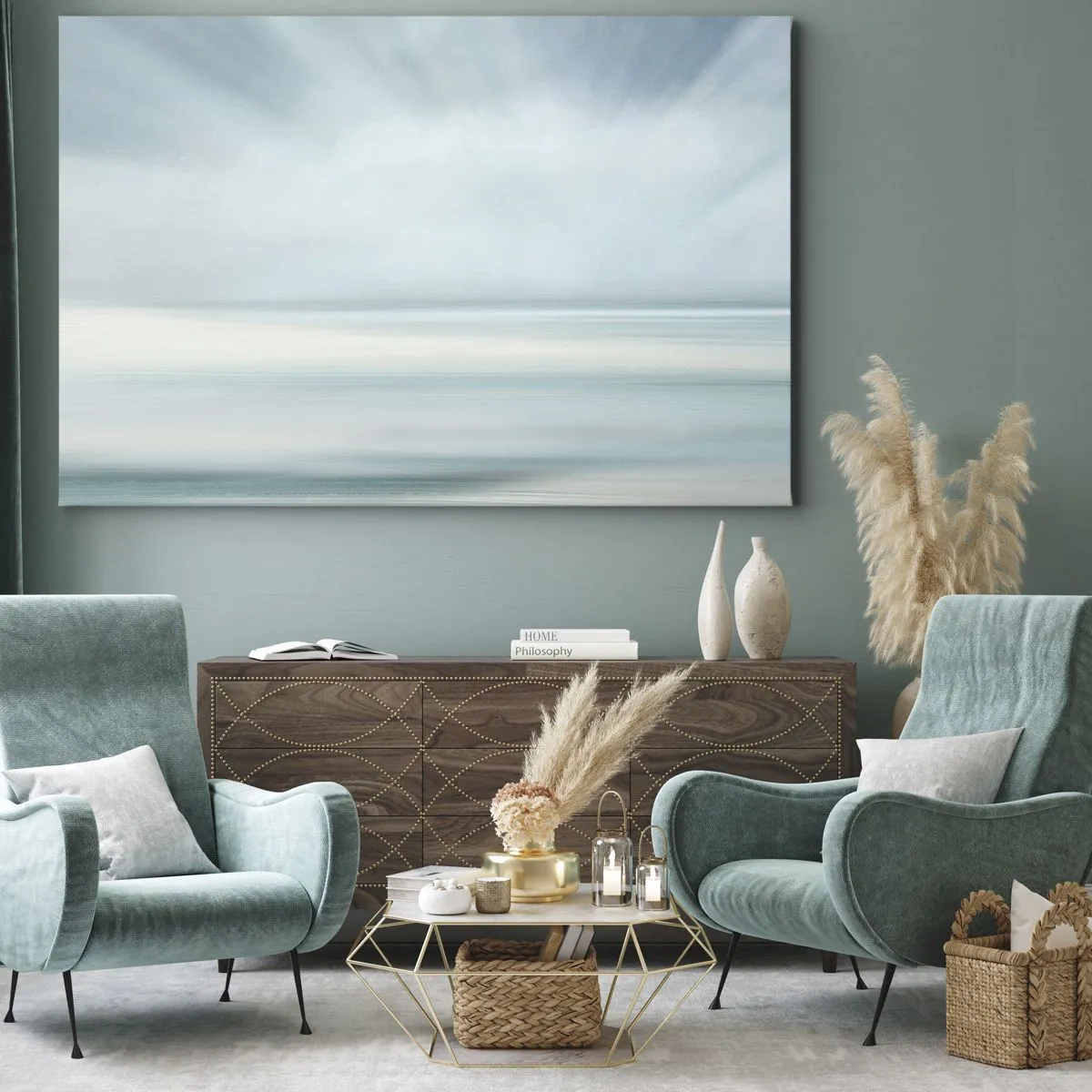 Obraz na plátne - Minimalistická krajina v jemných odtieňoch modrej - 70x50cm - Kľud až kam oko siaha - Moderná nástenná dekorácia do obývacej izby a spálne ARTTOR