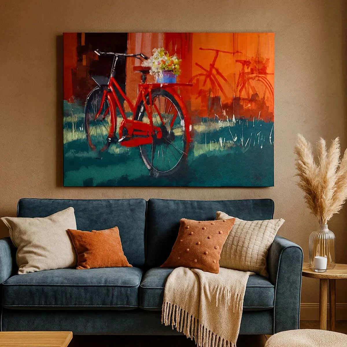 Obraz na plátne - Červený bicykel s kvetmi na oranžovej stene - 70x50cm - I want to ride my bicycle - Moderná nástenná dekorácia do obývacej izby a spálne ARTTOR