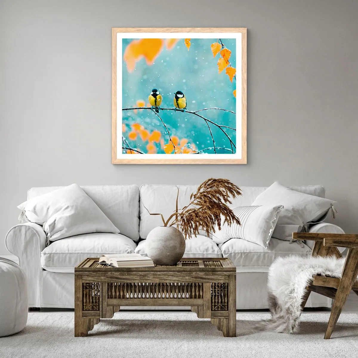 Plagát v ráme zo svetlého duba - Vtáčie klebety - 60x60 cm