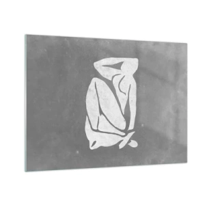 Obraz na skle - Minimalistická silueta ženy na sivom pozadí - 70x50cm - V zádumčivosti - Moderná nástenná dekorácia do obývacej izby a spálne ARTTOR