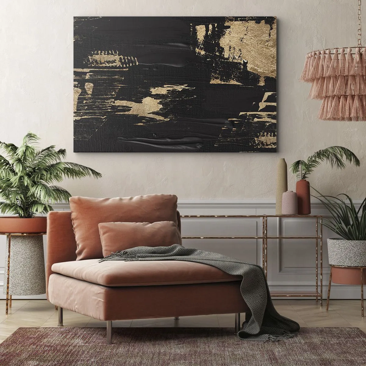 Obraz na plátne - Abstraktná kompozícia v odtieňoch čiernej a zlatej - 70x50cm - Stopa dotyku - Moderná nástenná dekorácia do obývacej izby a spálne ARTTOR