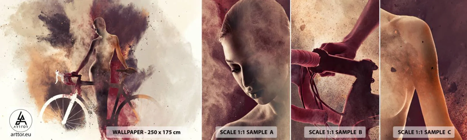 Vzorka samolepiacej fototapety Deluxe Sticker - Cyklistická duša v mramorových tvaroch - Abstrakcia, Žena, Bicykel - 100x30 cm