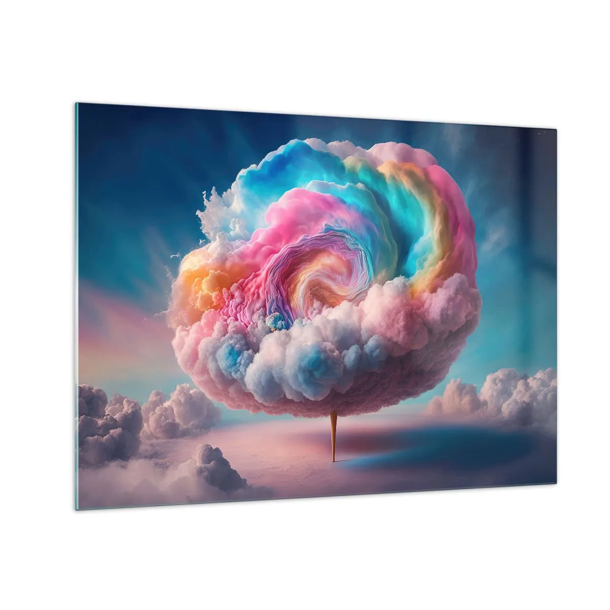 Obraz na skle - Rozkošný oblak v pastelových farbách pripomínajúci cukrovú vatu. - 70x50cm - Sen o zábavnom parku - Moderná nástenná dekorácia do obývacej izby a spálne ARTTOR