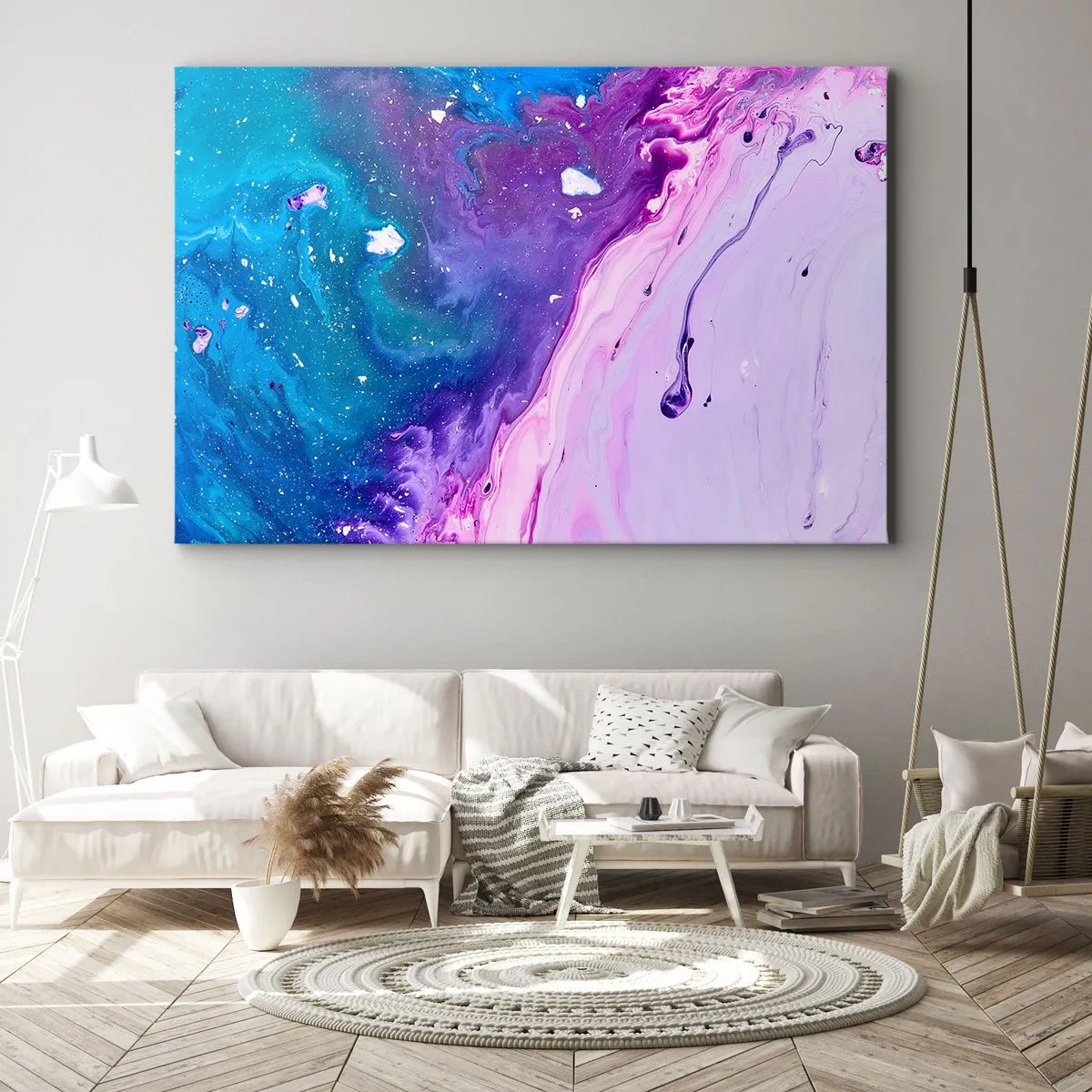 Obraz na plátne - Abstrakcia vo fialových a tyrkysových farbách inšpirovaná kontrastmi - 70x50cm - Yin a yang - Moderná nástenná dekorácia do obývacej izby a spálne ARTTOR