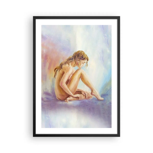 Plagát v čiernom ráme - Žena stratená v myšlienkach na pastelovom pozadí - 50x70cm - Akt mladosti - Moderná nástenná dekorácia do obývacej izby a spálne ARTTOR