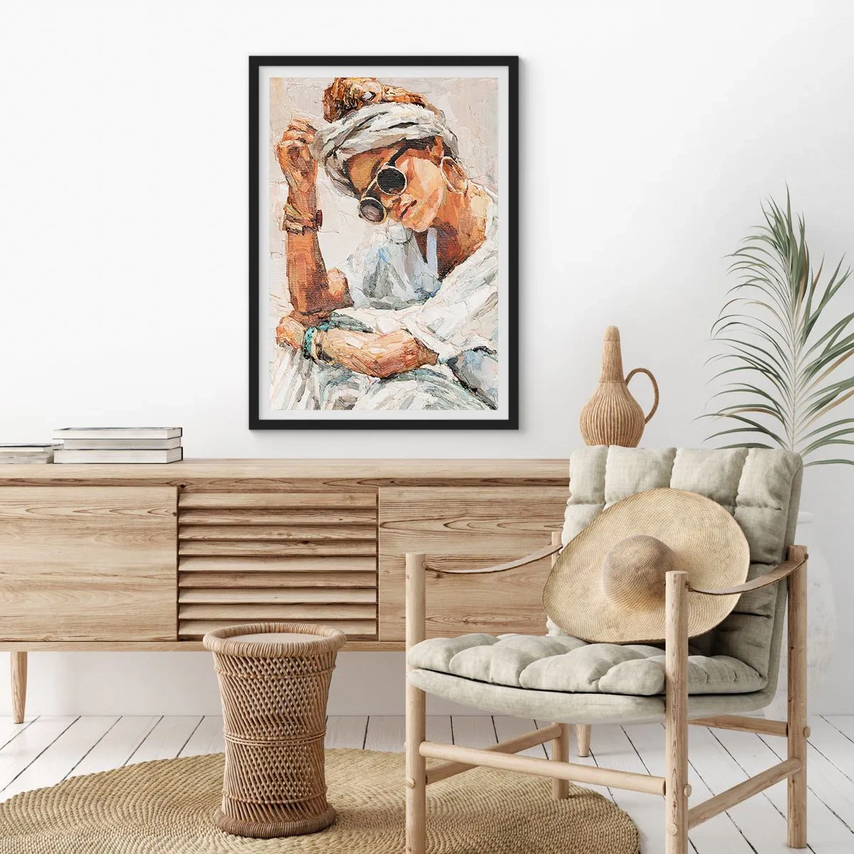 Plagát v čiernom ráme - Portrét ženy s okuliarmi a turbanom v impresionistickom štýle - 50x70cm - Portrét v plnom slnku - Moderná nástenná dekorácia do obývacej izby a spálne ARTTOR