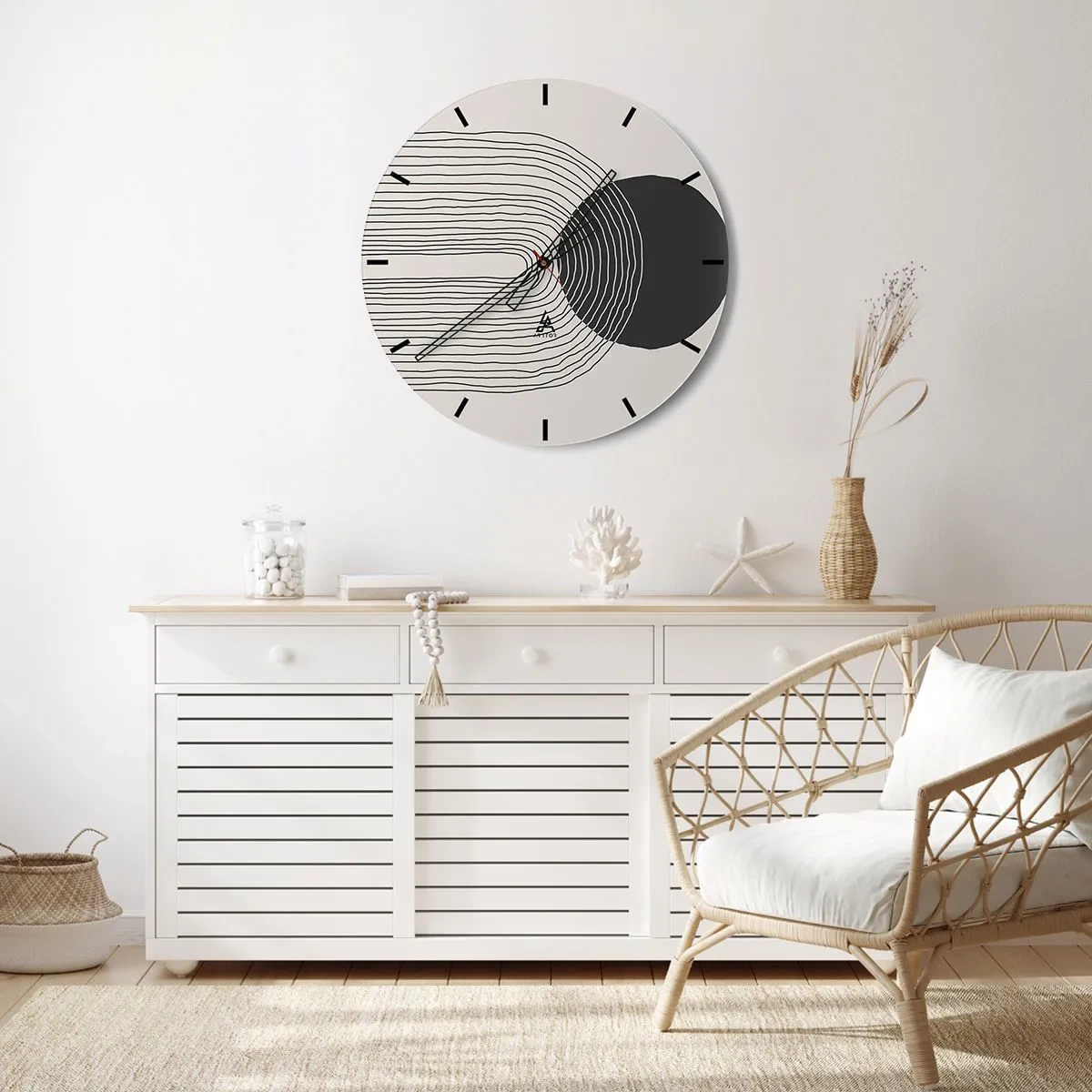 Nástenné hodiny - Abstraktné čiary a čierny kruh na svetlom pozadí v grafickej kompozícii - 30x30cm - Chvenie a istota - Moderná nástenná dekorácia do obývacej izby, kuchyne a spálne ARTTOR